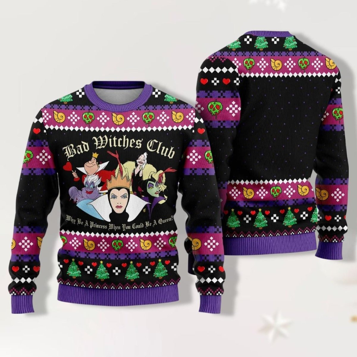 Disney Villains Bad Witches Club Ugly Christmas Sweater Black Purple Jumper