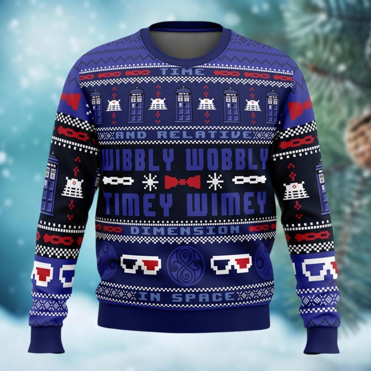 Doctor Who Wibbly Wobbly Timey Wimey Ugly Christmas Sweater Blue Tardis Holiday Jumper