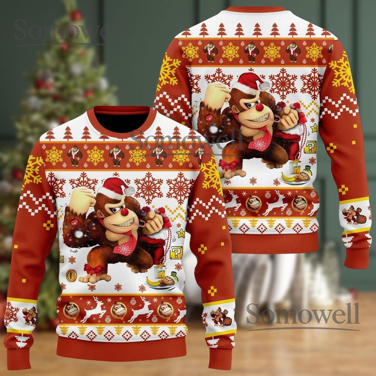 Donkey Kong Brown White Ugly Christmas Sweater Funny Gamer Holiday Knit Gift