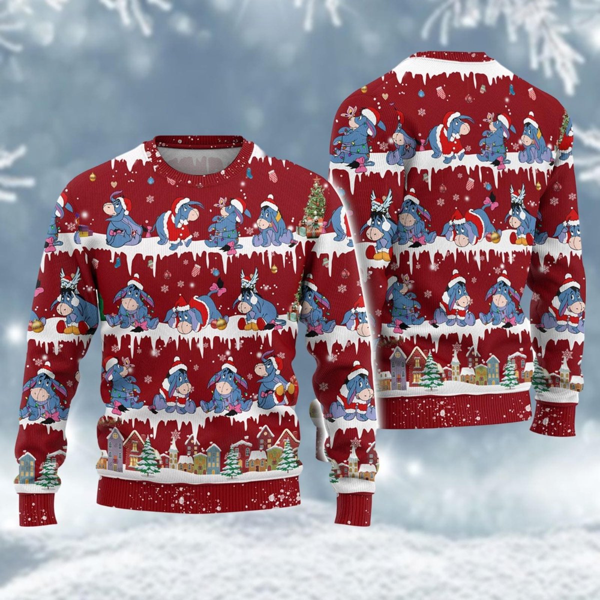 Eeyore Red Christmas Ugly Sweater Winnie The Pooh Snow Scene Holiday Knit Jumper