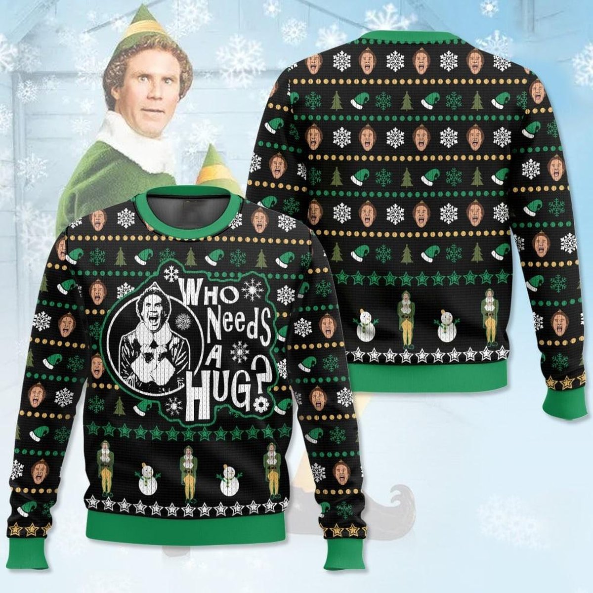 Buddy the Elf Christmas Black Ugly Sweater Who Needs a Hug Funny Holiday Knit Jumper