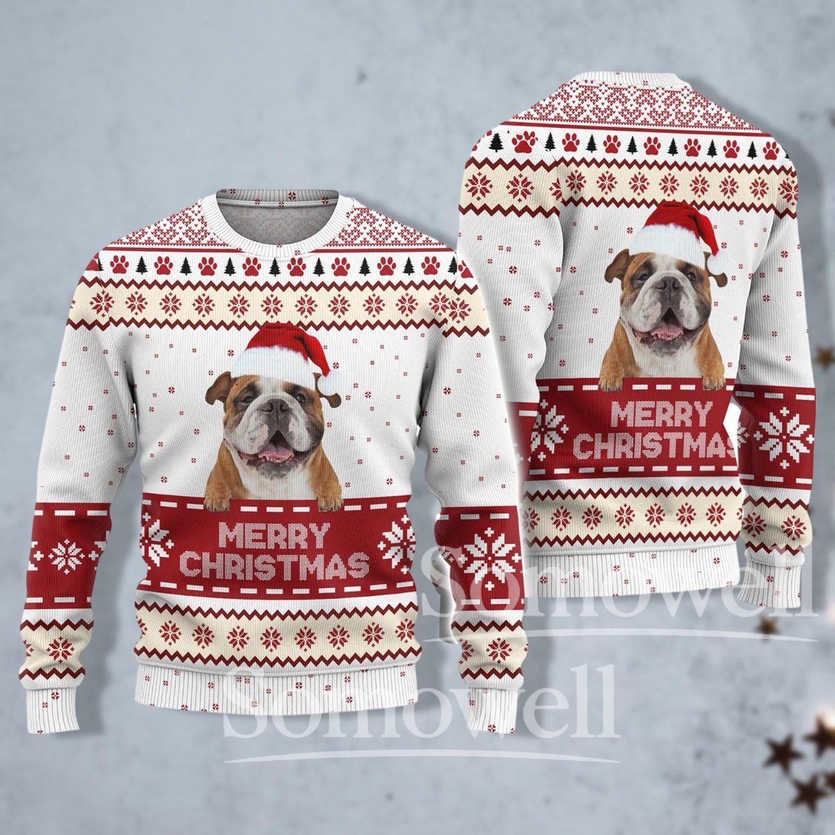 English Bulldog Merry Christmas Ugly Sweater Funny Dog Holiday Knit Pullover Gift