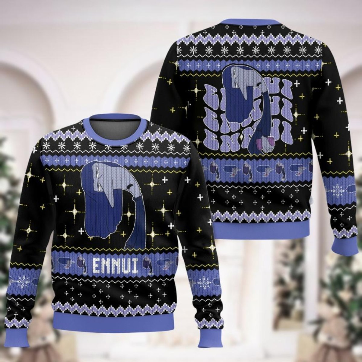 Ennui Black Blue Christmas Ugly Sweater Inside Out Character Lazy Mood Knit Jumper