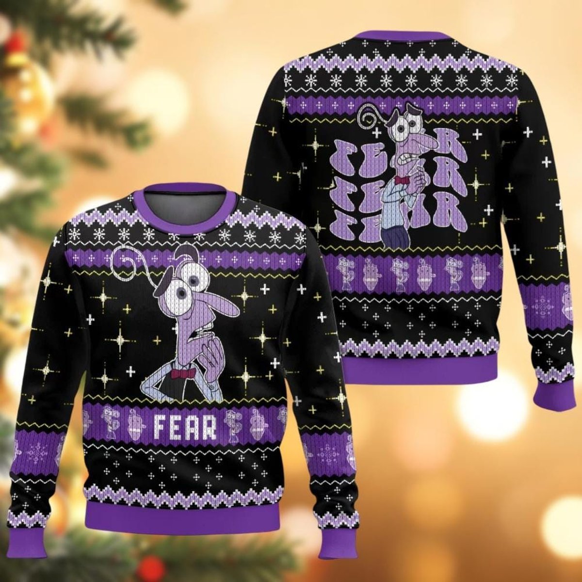 Fear Inside Out Black Purple Ugly Christmas Sweater Funny Pixar Holiday Knit Jumper