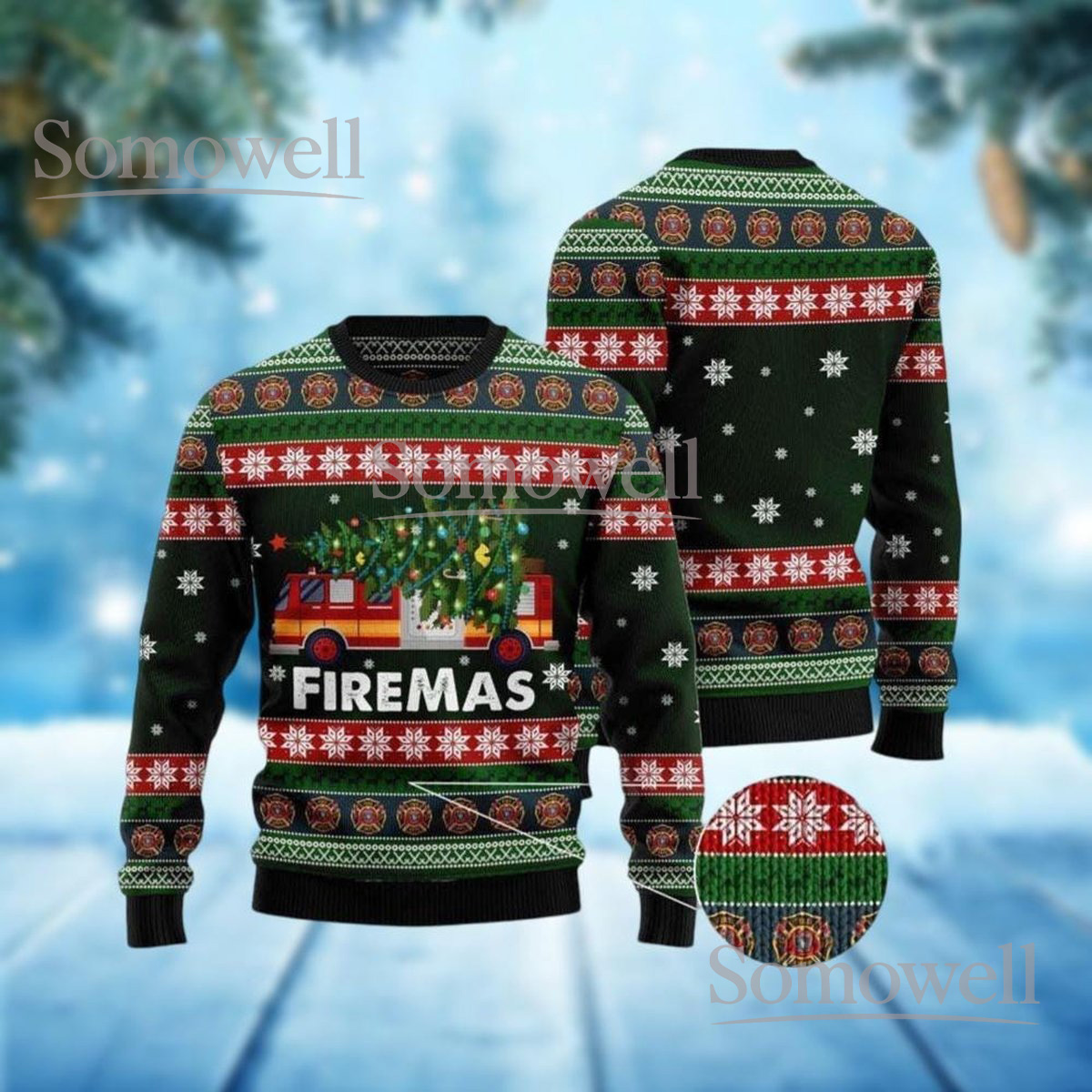 Firefighter Christmas Black Ugly Sweater Fire Truck Tree Funny Firemas Holiday Knit Jumper