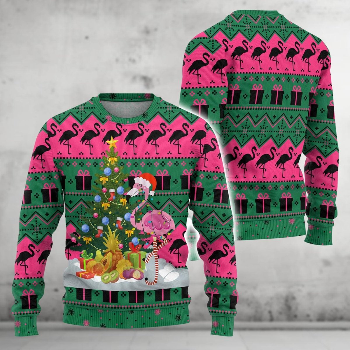 Christmas Flamingo Pink Green Ugly Christmas Sweater Funny Tropical Bird Holiday Knit Jumper