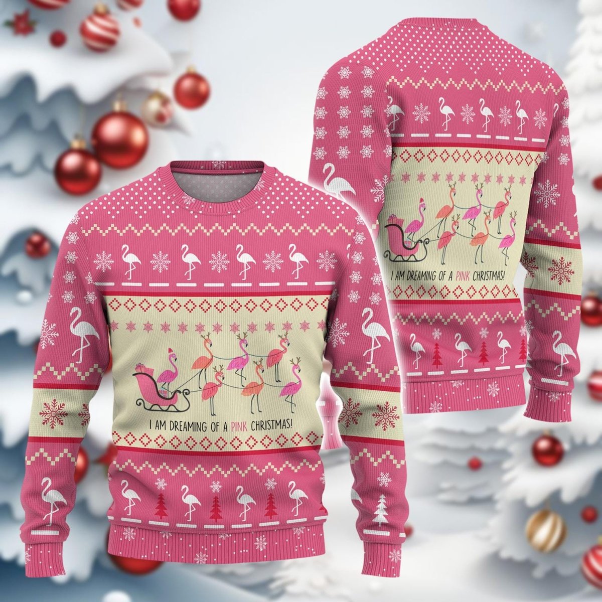 Pink Flamingo Christmas Ugly Sweater Cute Tropical Bird Holiday Knit Jumper