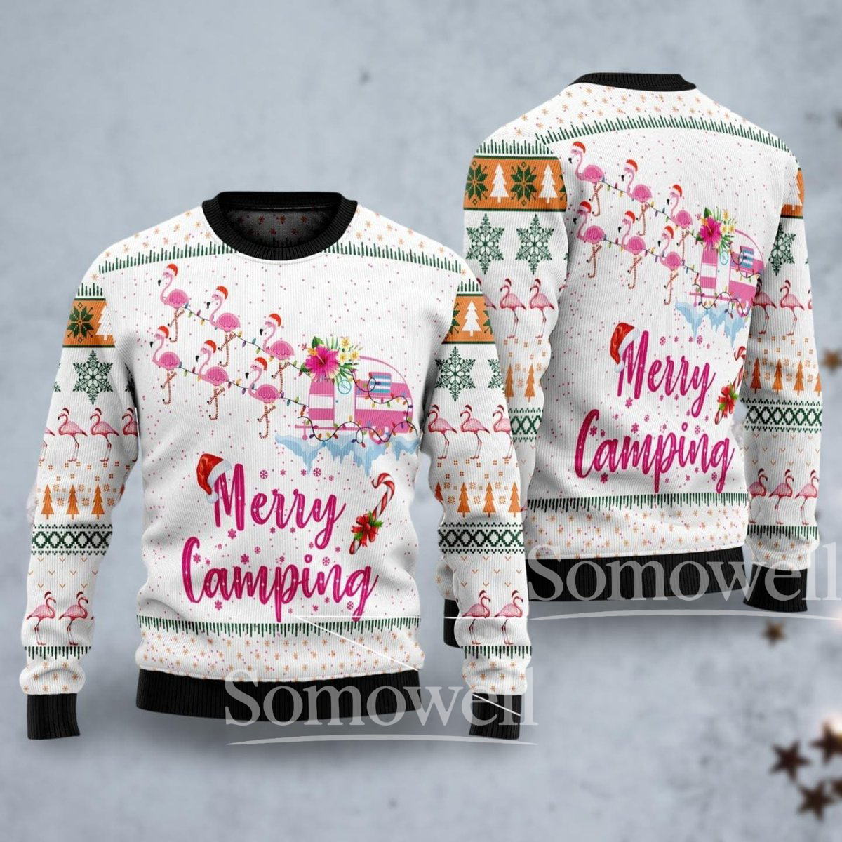 Merry Camping Ugly Christmas Sweater Flamingo Camper Holiday Knit Pullover Gift