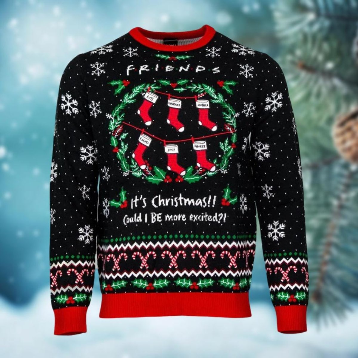 Friends Its Christmas Ugly Sweater TV Show Holiday Knit Jumper Could I Be More Excited