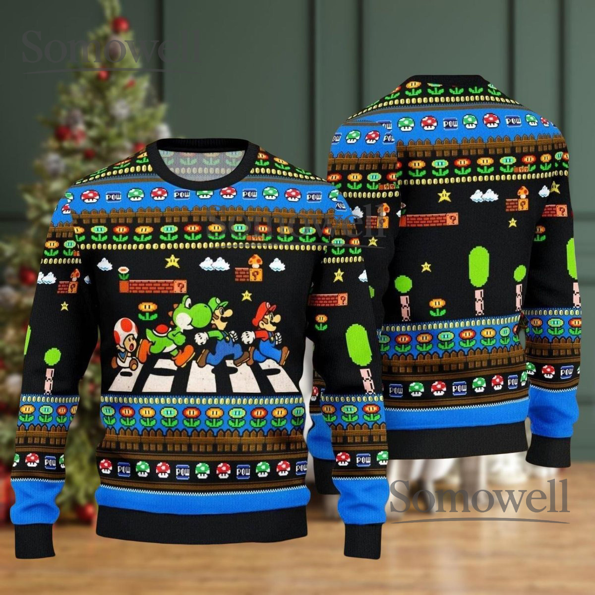 Super Mario Team Road Crossing Black Ugly Christmas Sweater Gamer Knit Gift