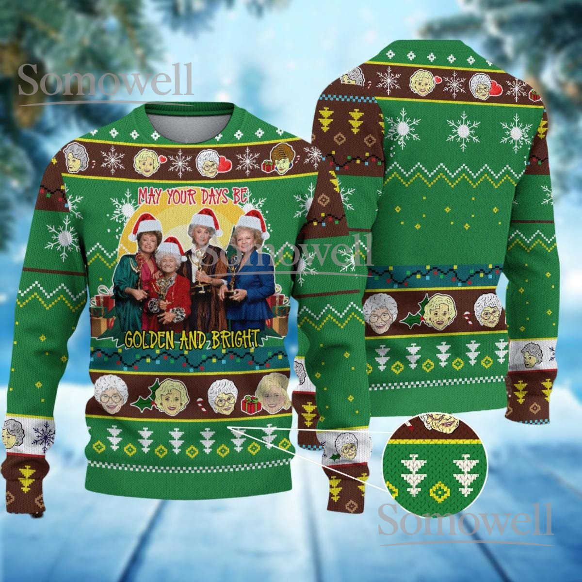 Golden Girls Christmas Green Ugly Sweater Golden And Bright Holiday Knit Jumper