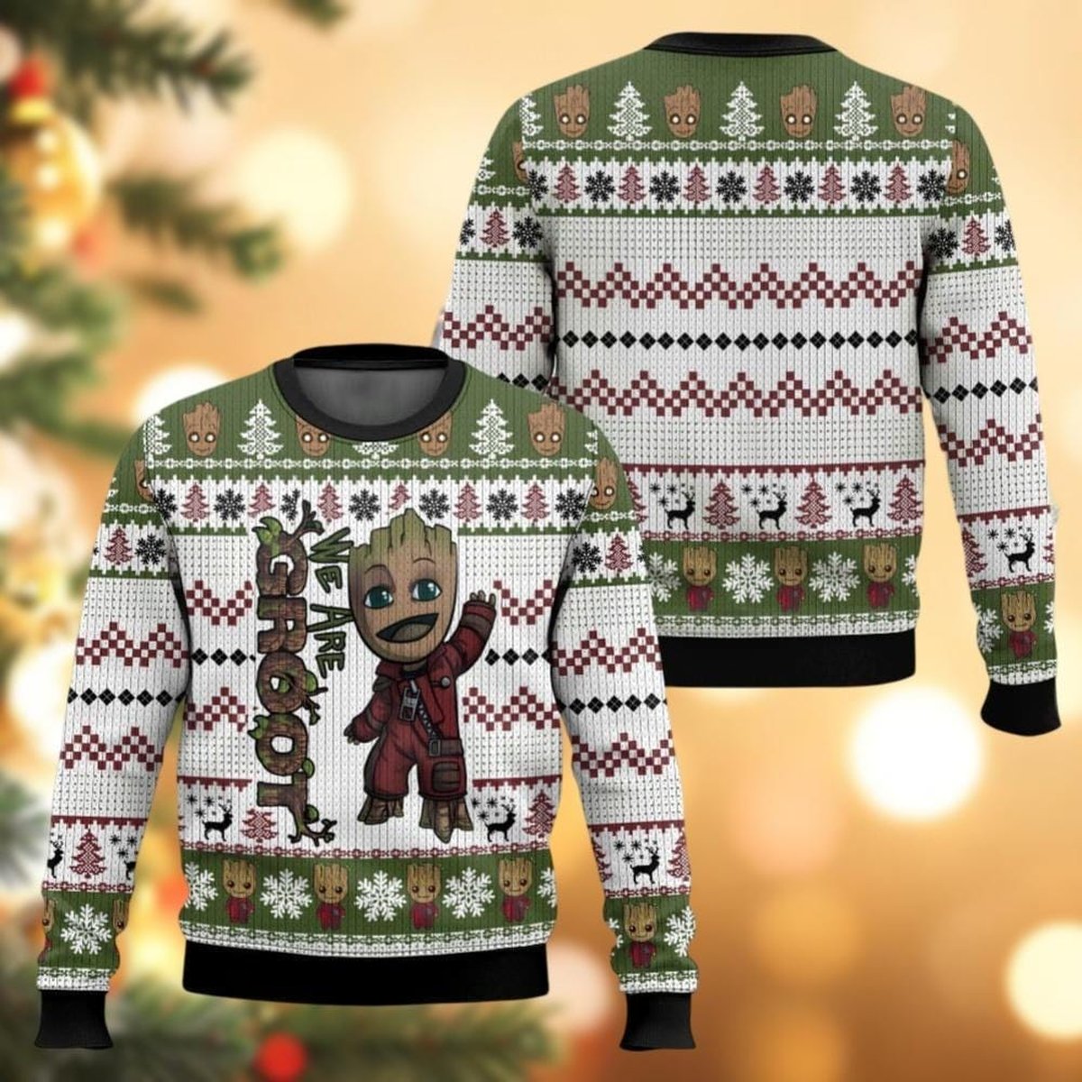 Christmas Groot Green White Ugly Christmas Sweater Cute Guardians of the Galaxy Holiday Knit Jumper