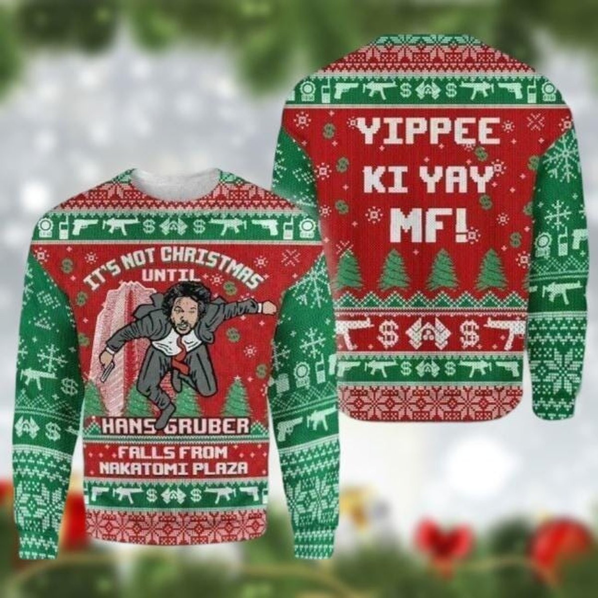 Hans Gruber Falls Nakatomi Plaza Die Hard Ugly Christmas Sweater Funny Action Movie Knit Jumper