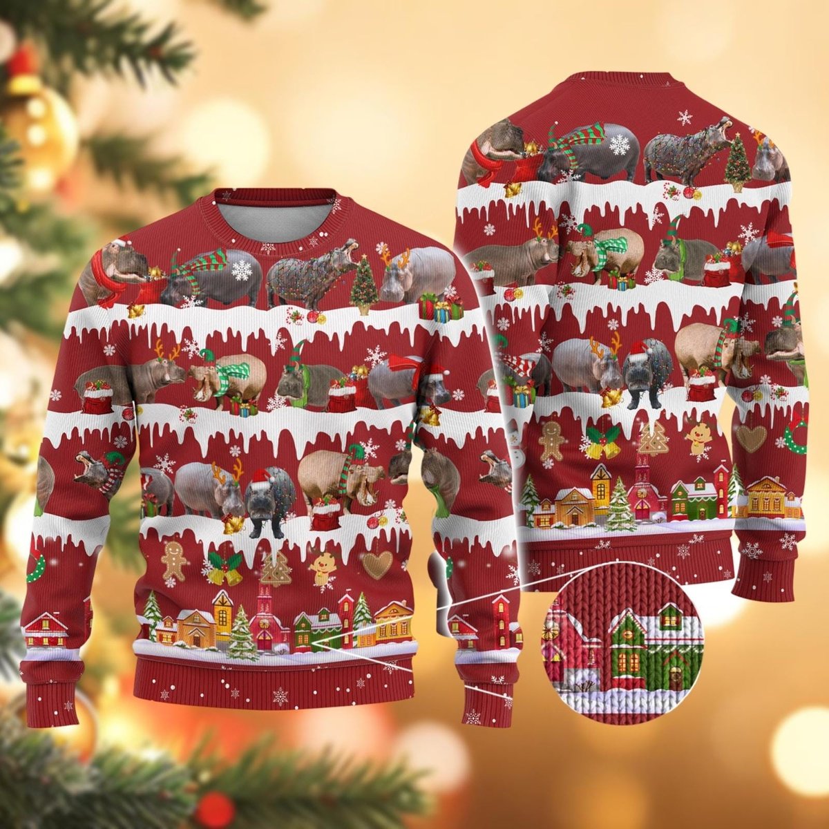Christmas Hippo Red Ugly Christmas Sweater Funny Animal Lovers Holiday Knit Jumper