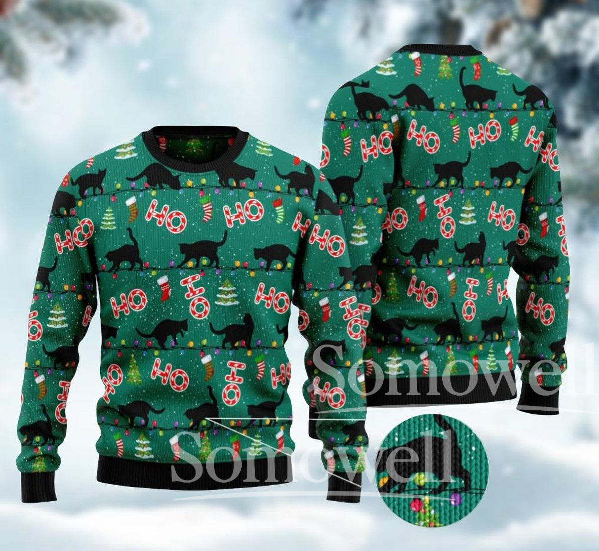 Black Cat Ho Ho Ho Ugly Christmas Sweater Funny Holiday Knit Pullover for Cat Lovers