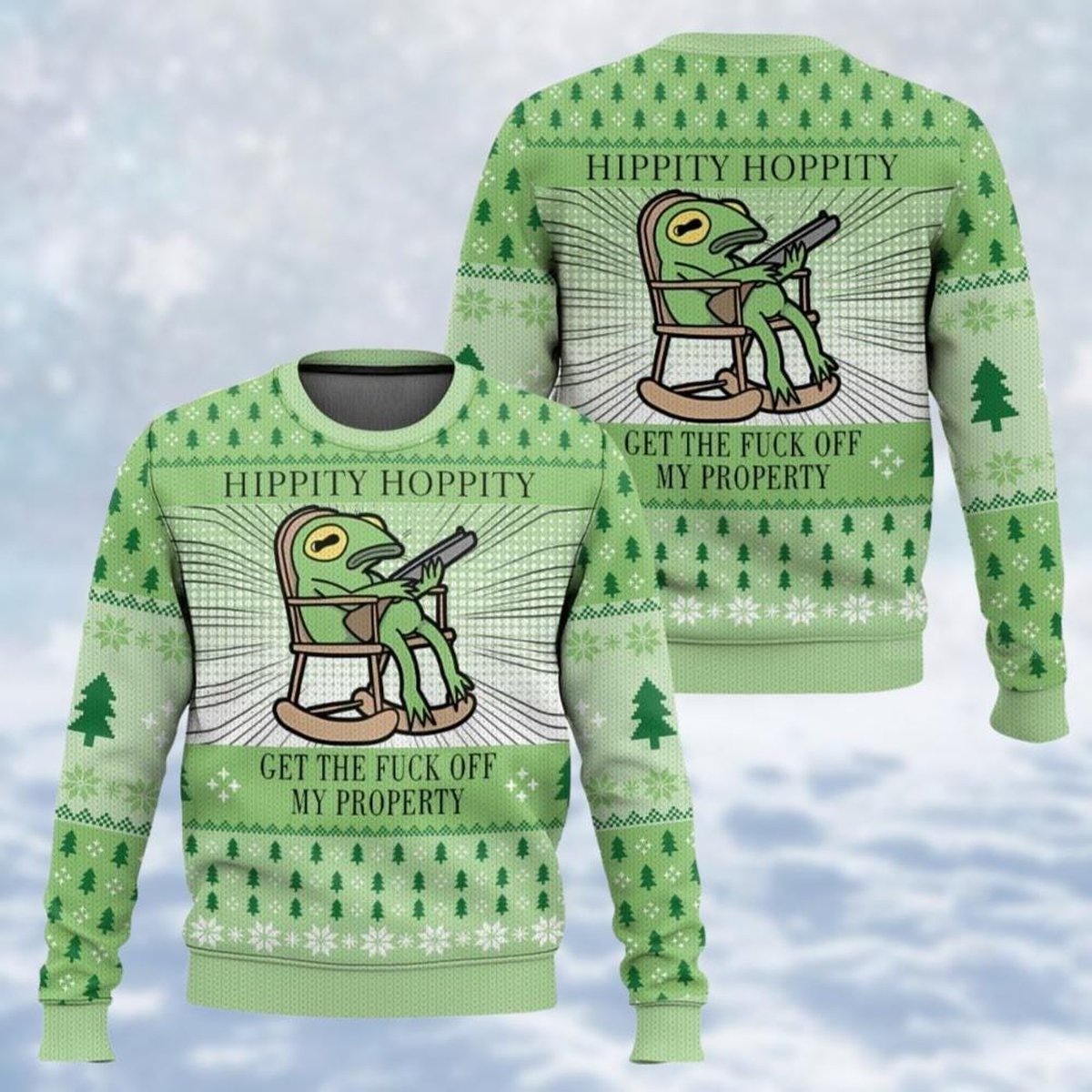 Hippity Hoppity Green Christmas Ugly Sweater Funny Frog Meme Holiday Knit Jumper
