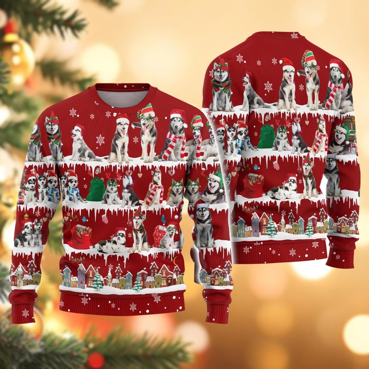 Husky Dogs Christmas Red Ugly Sweater Festive Snowflake Pattern Holiday Cozy Knit Jumper