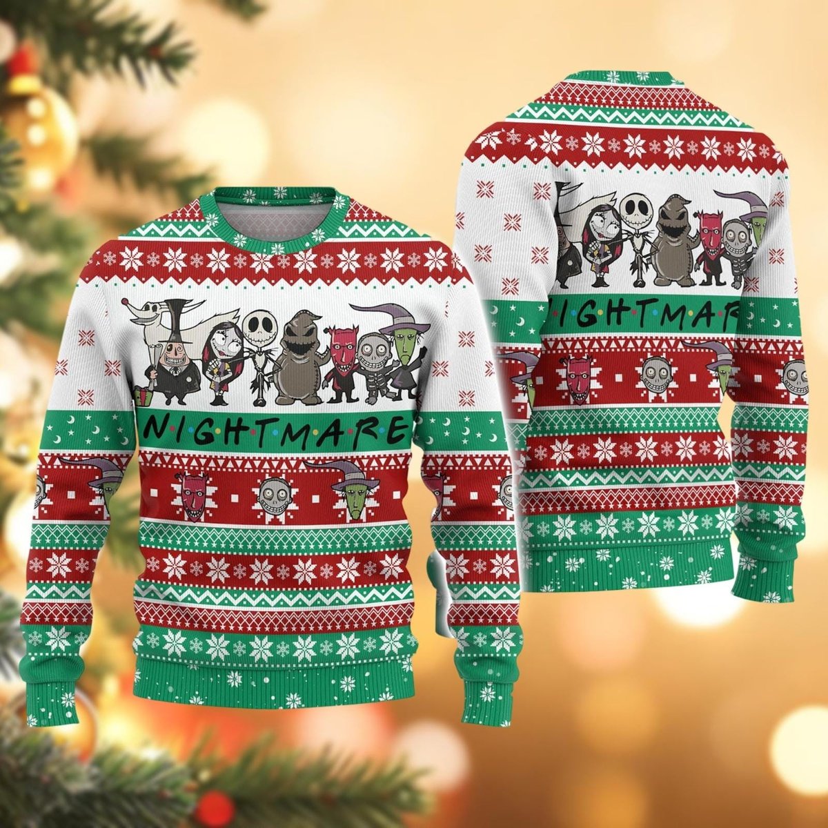 Jack Skellington Christmas White Green Ugly Sweater Nightmare Friends Pattern Holiday Knit Jumper