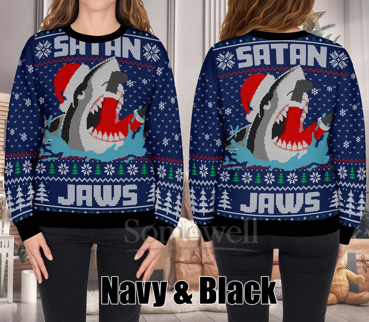 Satan Jaws Shark Ugly Christmas Sweater Funny Navy Knit Jumper Holiday Gift