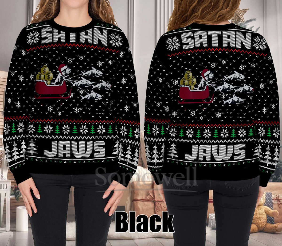 Satan Sleigh Jaws Ugly Christmas Sweater Funny Shark Holiday Knit Jumper Gift