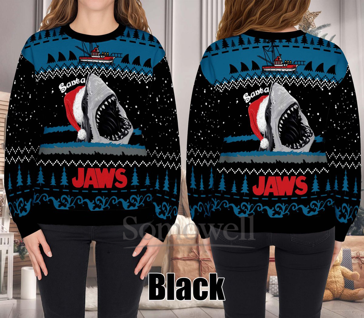 Santa Jaws Shark Ugly Christmas Sweater Funny Movie Holiday Knit Jumper Gift
