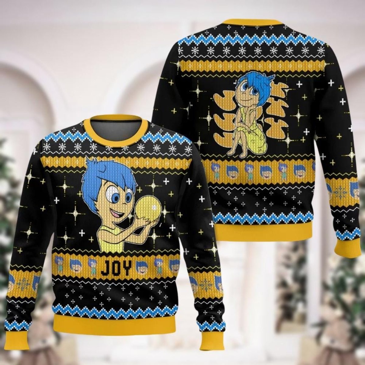 Joy Black Yellow Christmas Ugly Sweater Inside Out 2 Emotion Character Knit Jumper