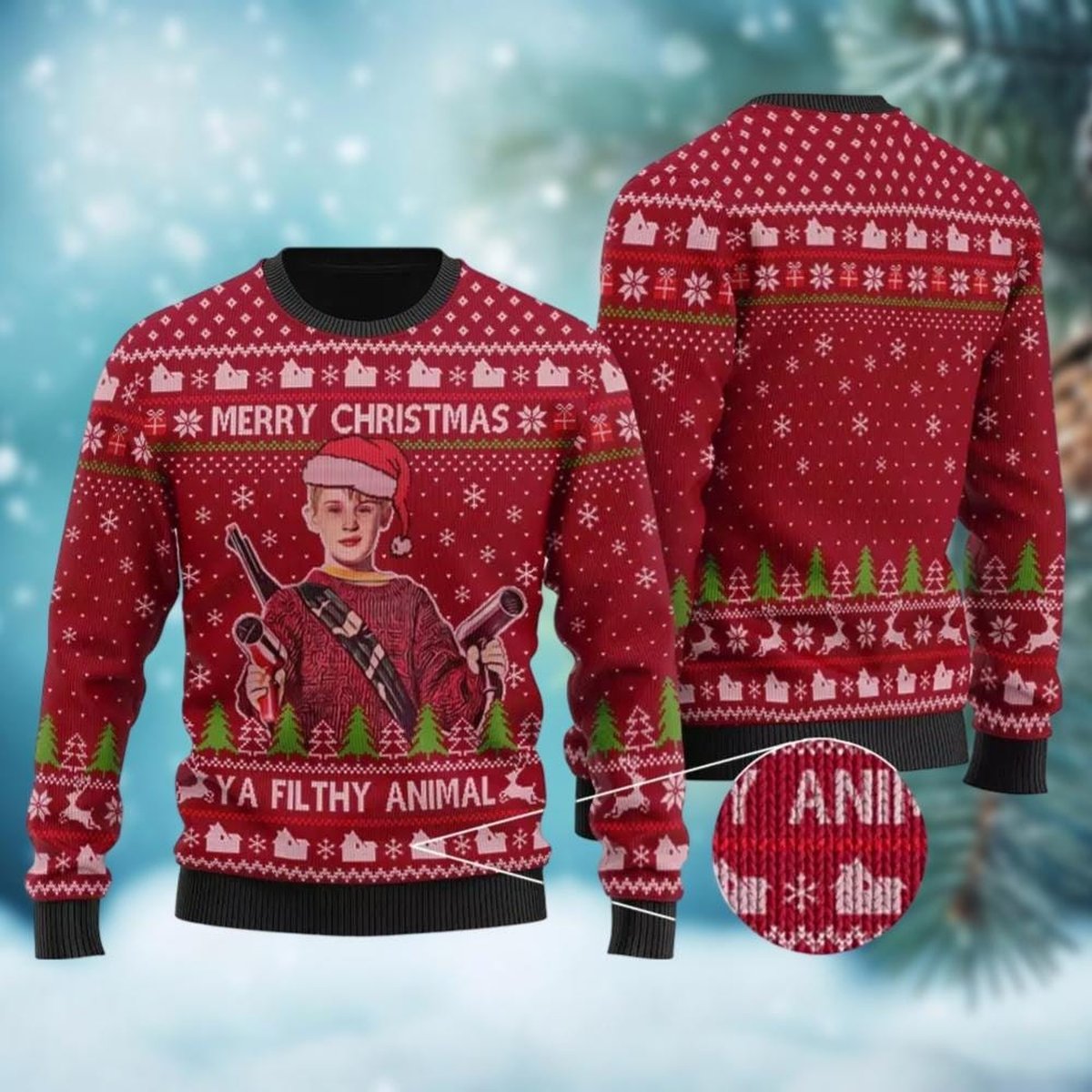 Home Alone Merry Christmas Ya Filthy Animal Ugly Sweater Red Holiday Knit Jumper