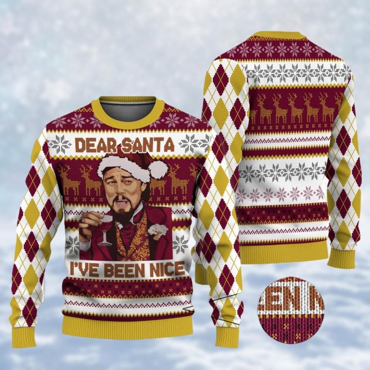 Leo Meme Burgundy Christmas Ugly Sweater Dear Santa Funny Drinking Holiday Knit Jumper