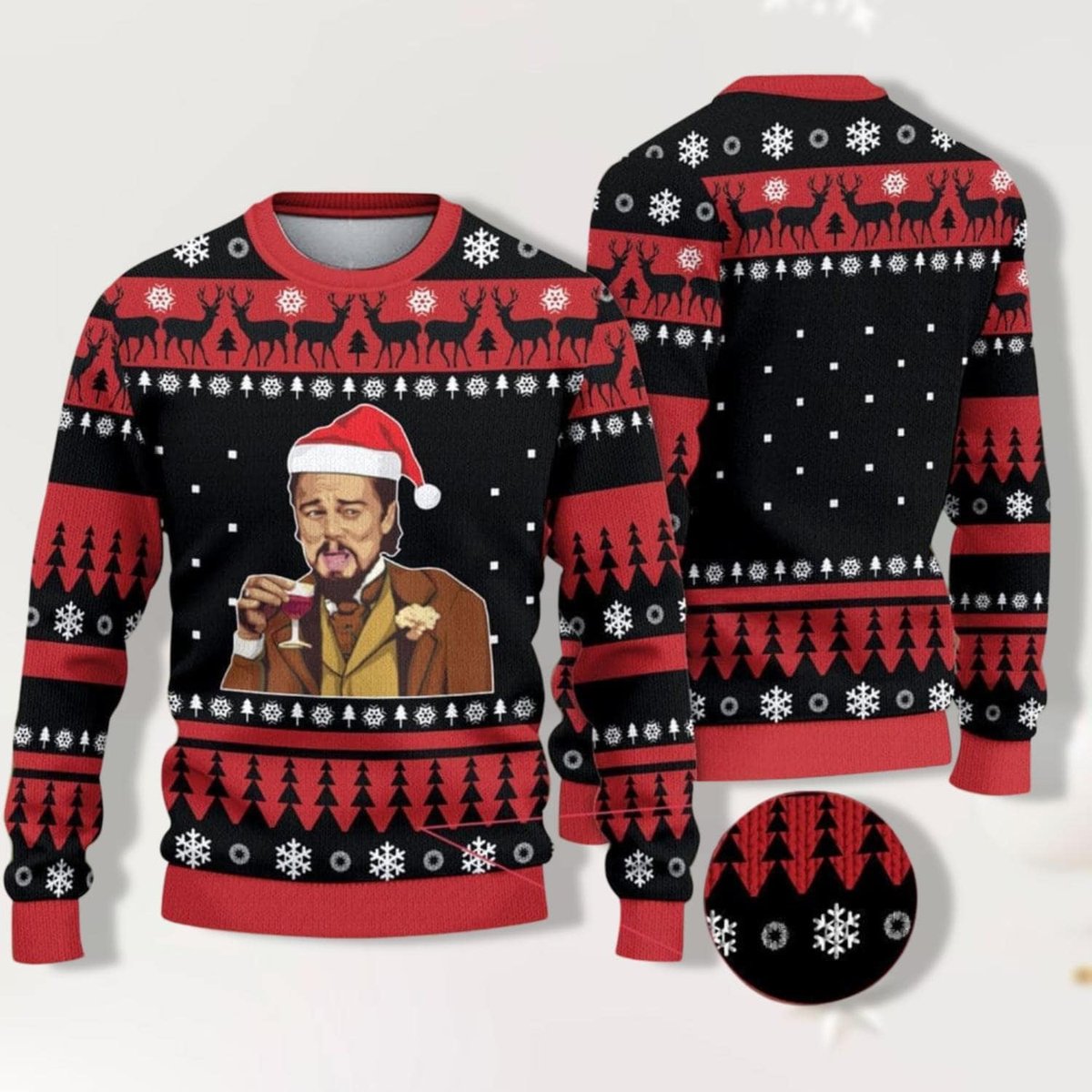 Leonardo Dicaprio Meme Funny Christmas Ugly Sweater Red Black Holiday Jumper