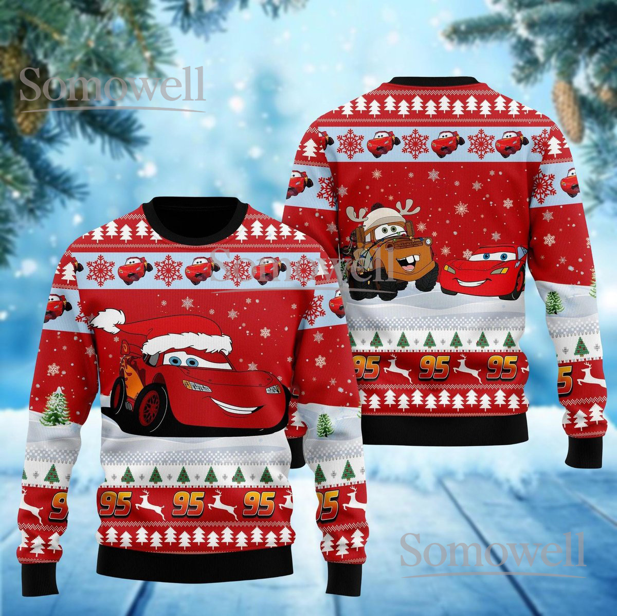 Lightning McQueen Cars Christmas Red Ugly Sweater Racing Cartoon Holiday Knit Jumper