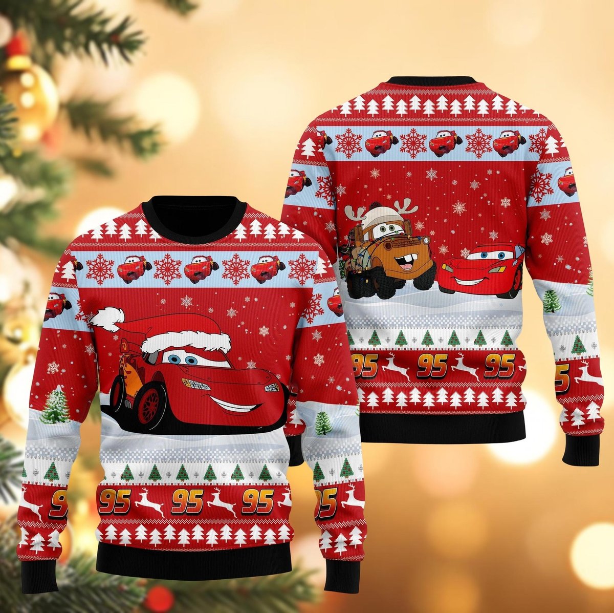 Lightning McQueen Christmas Red Ugly Sweater Cars 95 Holiday Cartoon Racer Knit Jumper