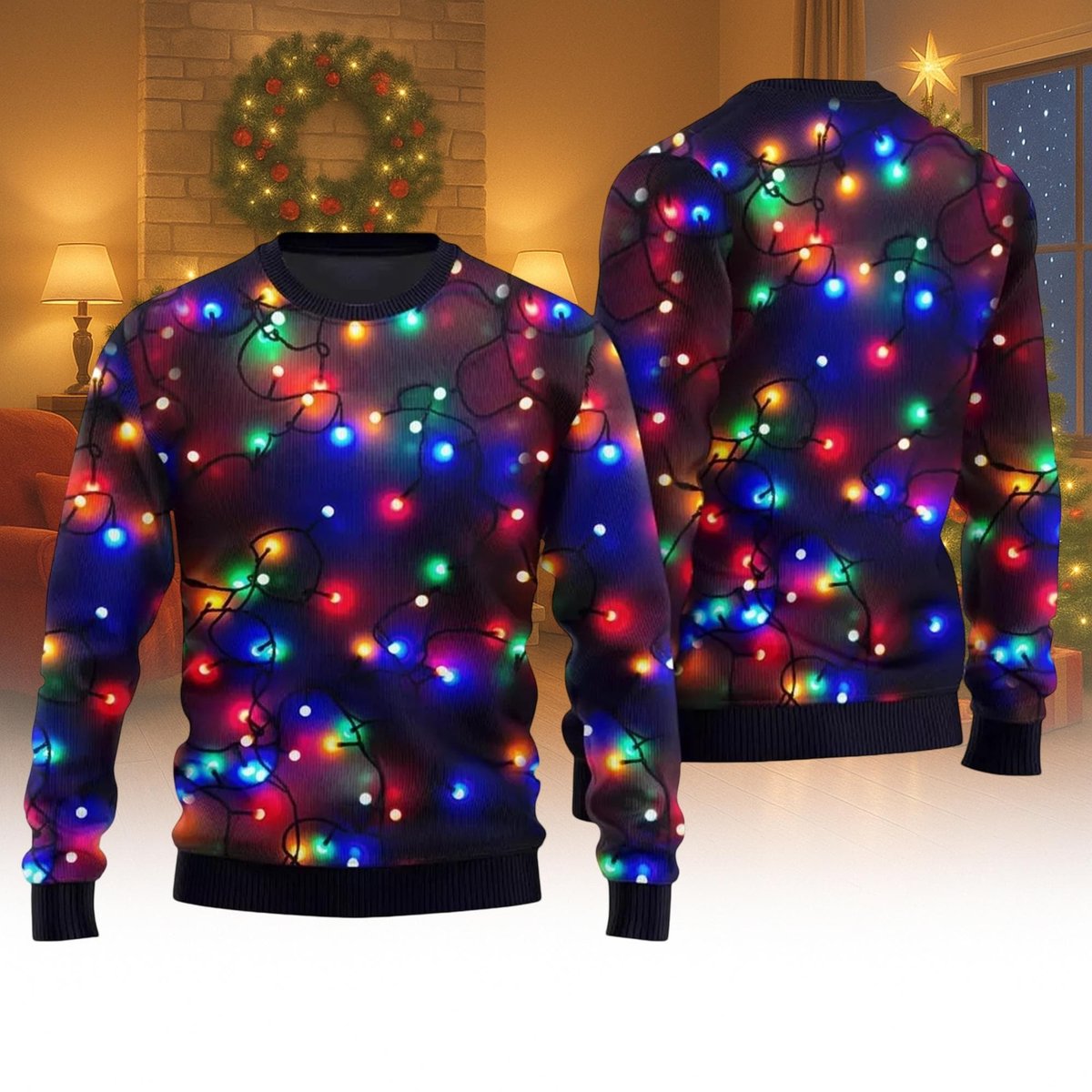 Colorful Christmas Lights Ugly Sweater 3D Effect Holiday Knit Jumper Party Design