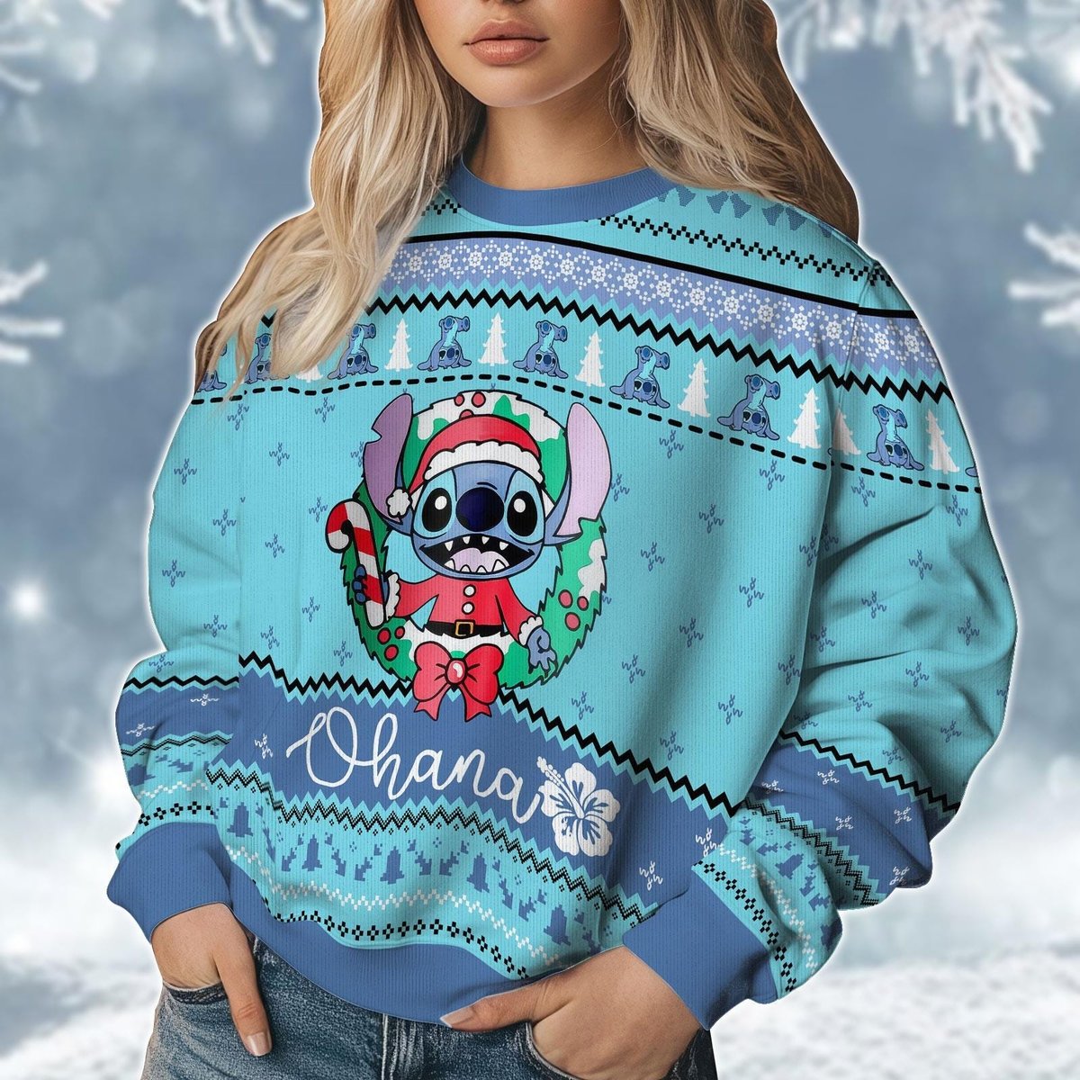 Lilo And Stitch Blue Christmas Ugly Sweater Ohana Santa Hat Holiday Knit Jumper
