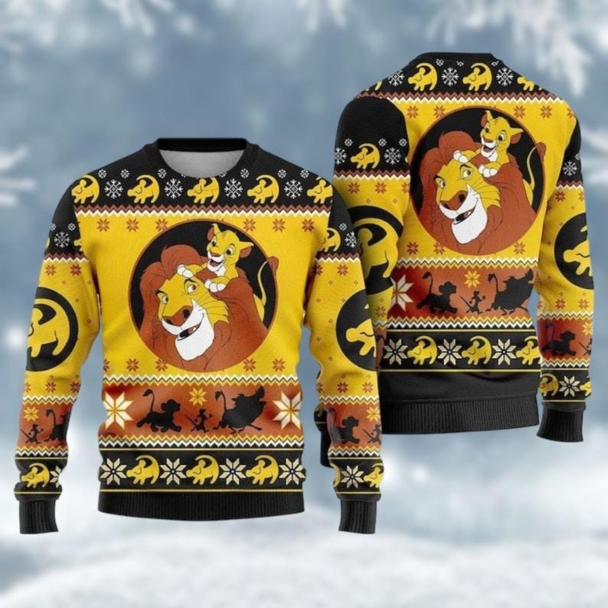 Lion King Yellow Christmas Ugly Sweater Simba and Mufasa Father Son Holiday Knit Jumper