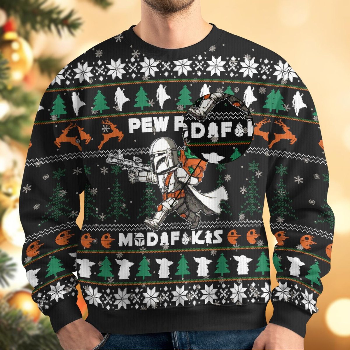 Pew Pew Mandalorian & Grogu Ugly Christmas Sweater, Funny Sci-Fi Holiday Knit
