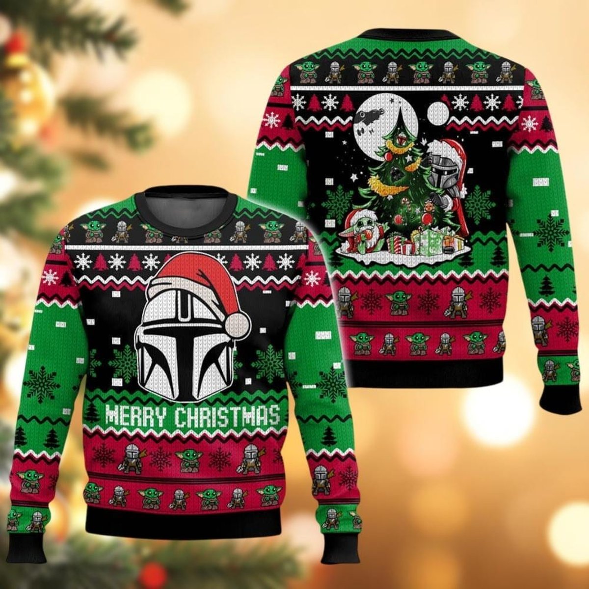 Mandalorian & Grogu Merry Christmas Ugly Sweater, Green Red Festive Holiday Knit