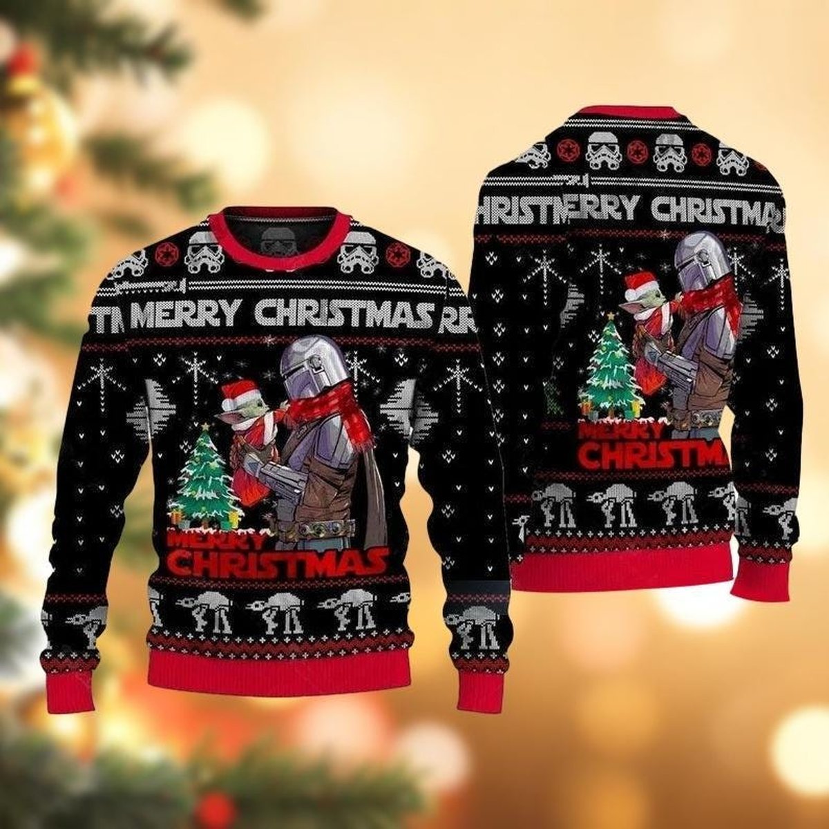 Mandalorian & Grogu Merry Christmas Tree Ugly Sweater, Black Red Winter Knit