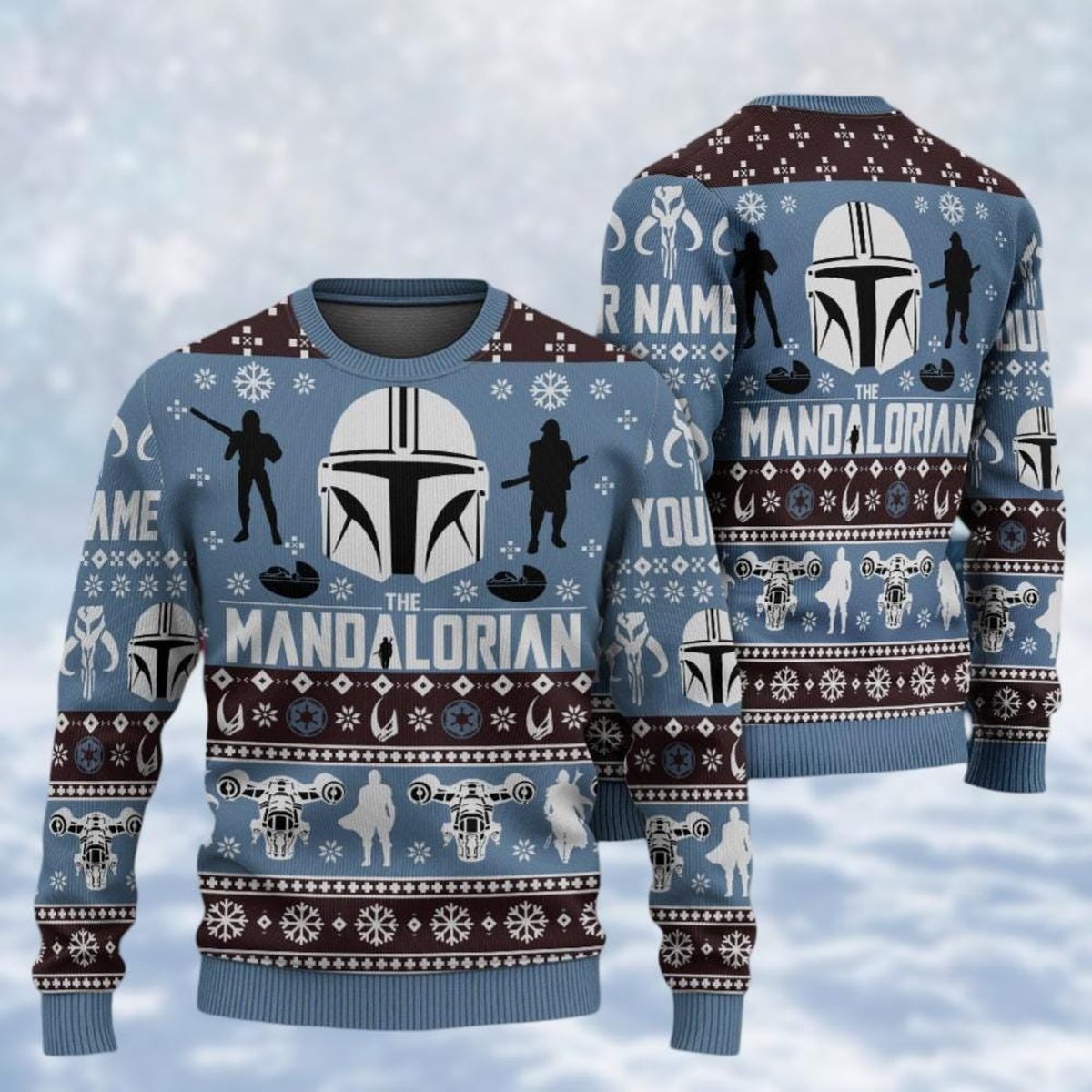 Mandalorian Blue Christmas Ugly Sweater Star Wars Themed Sci Fi Holiday Knit Jumper