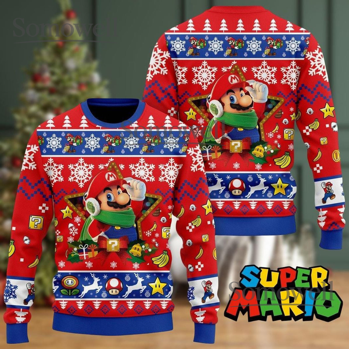 Super Mario Red Christmas Funny Holiday Ugly Sweater Knit Pullover Gift