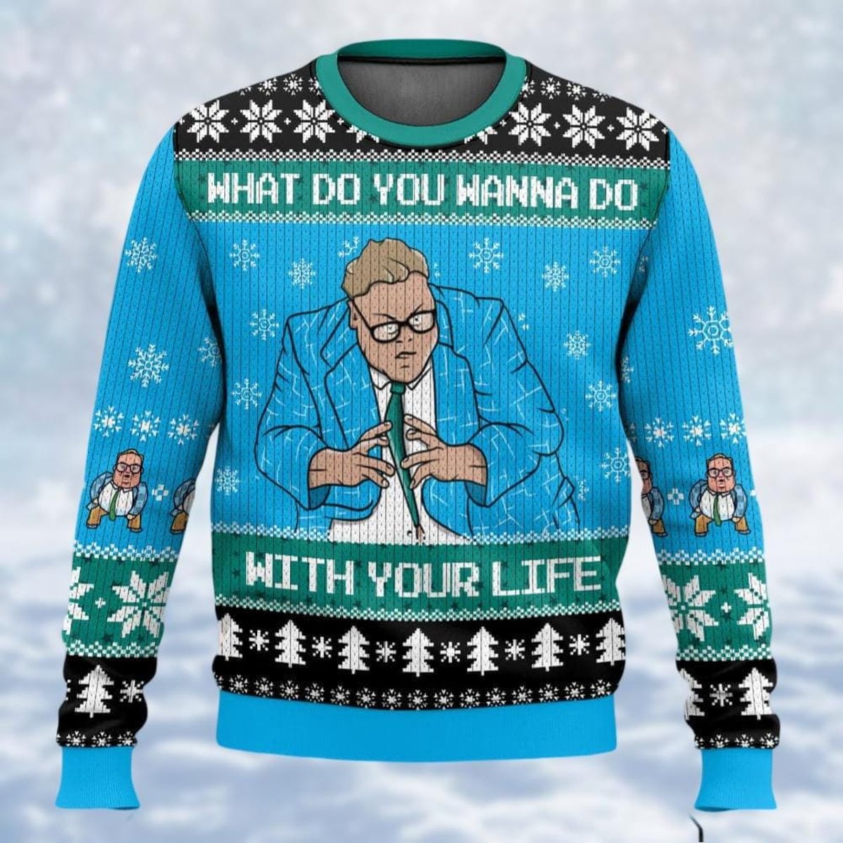 Matt Foley Blue Christmas Ugly Sweater Funny Motivation Meme Holiday Knit Jumper