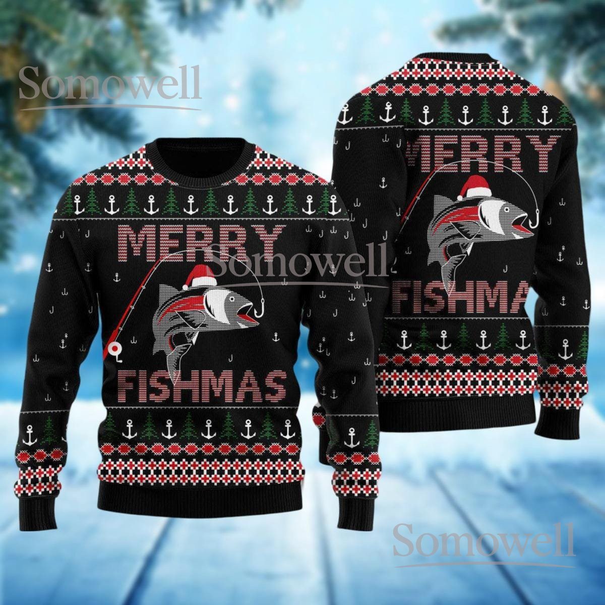 Fishing Christmas Black Ugly Sweater Merry Fishmas Funny Angler Holiday Knit Jumper
