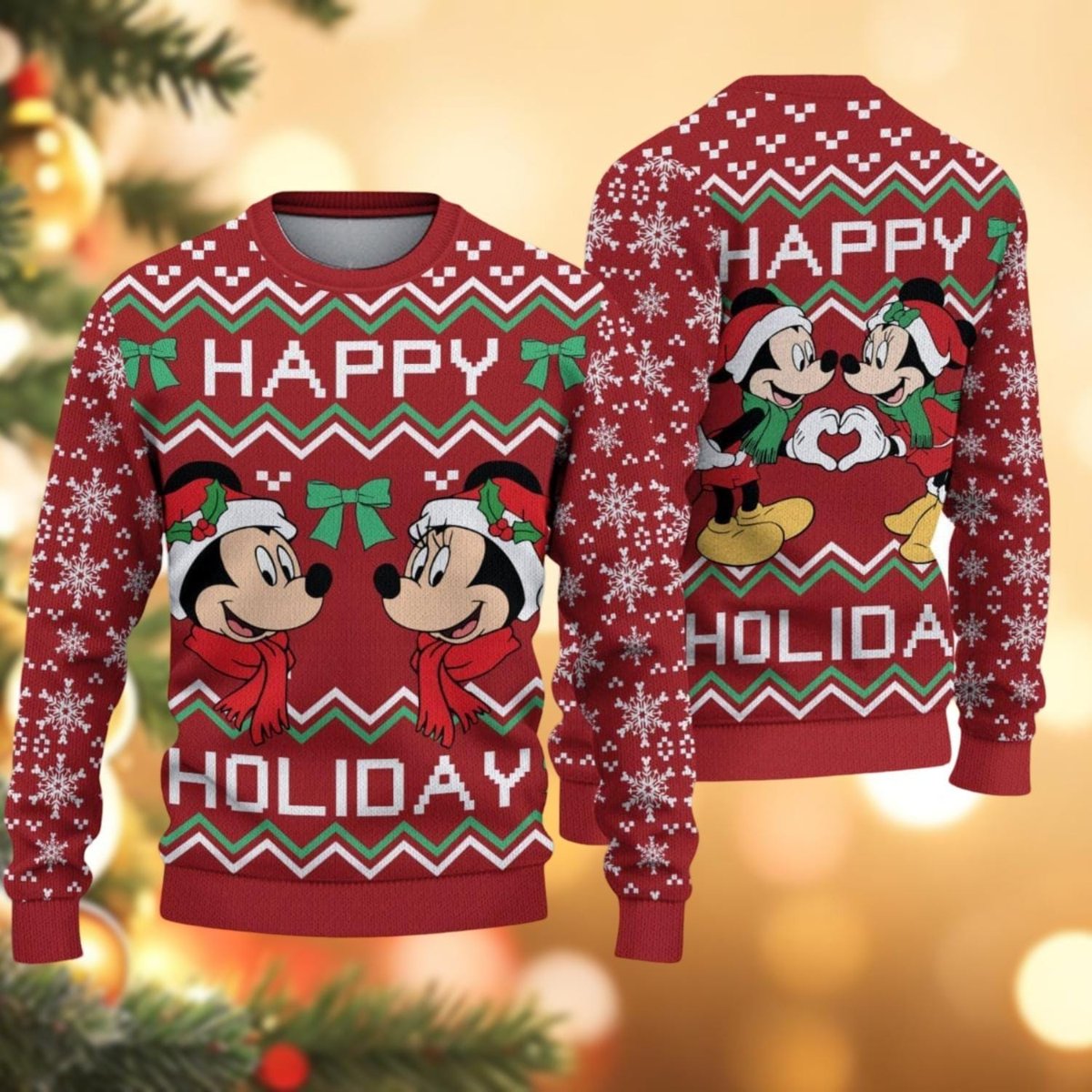 Mickey And Minnie Happy Holiday Red Ugly Christmas Sweater Cute Couple Gift Knit Jumper