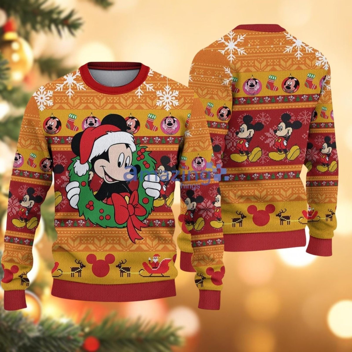 Mickey Mouse Christmas Wreath Ugly Sweater, Red Yellow Festive Knit Holiday Jumper