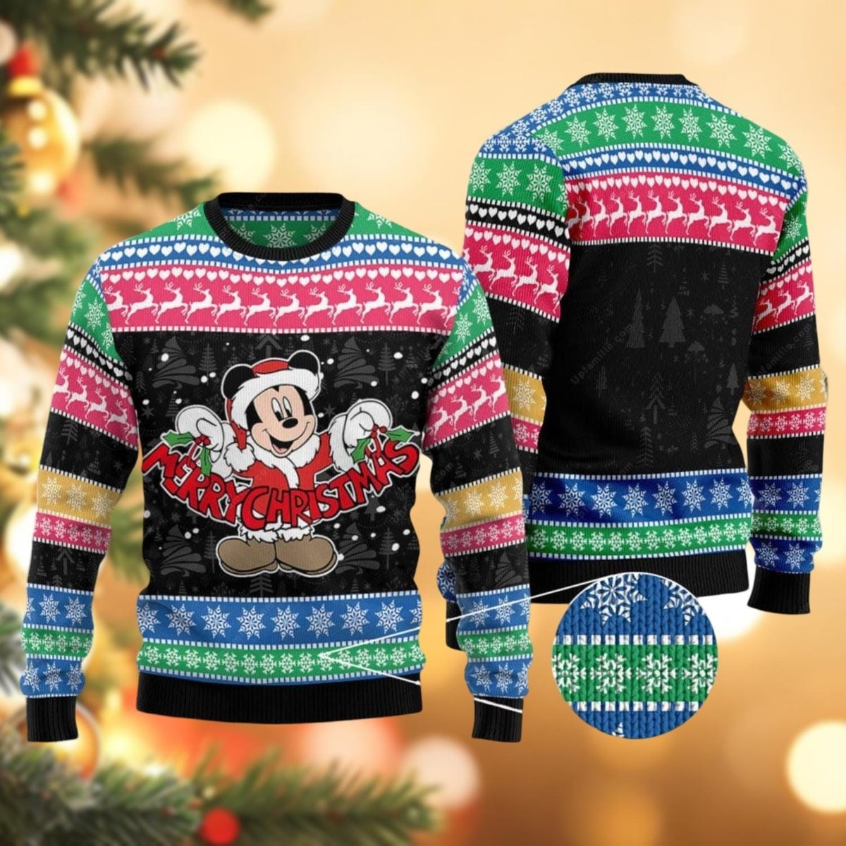 Mickey Mouse Merry Christmas Multicolor Ugly Sweater, Holiday Reindeer Snowflake Knit Jumper