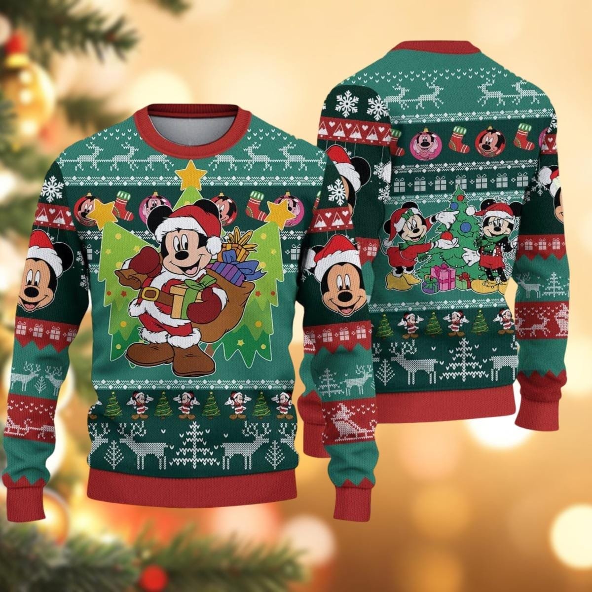 Mickey Mouse and Friends Christmas Tree Ugly Sweater, Green Red Festive Holiday Knit Jumper