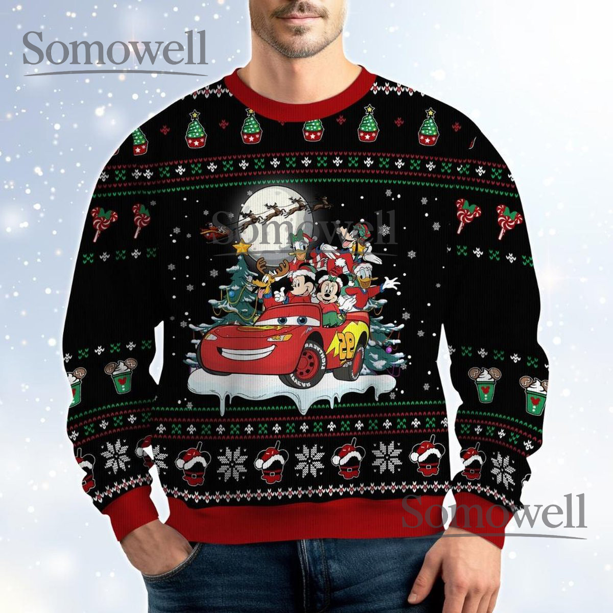 Mickey Friends Black Ugly Christmas Sweater Cartoon Character Holiday Knit Jumper