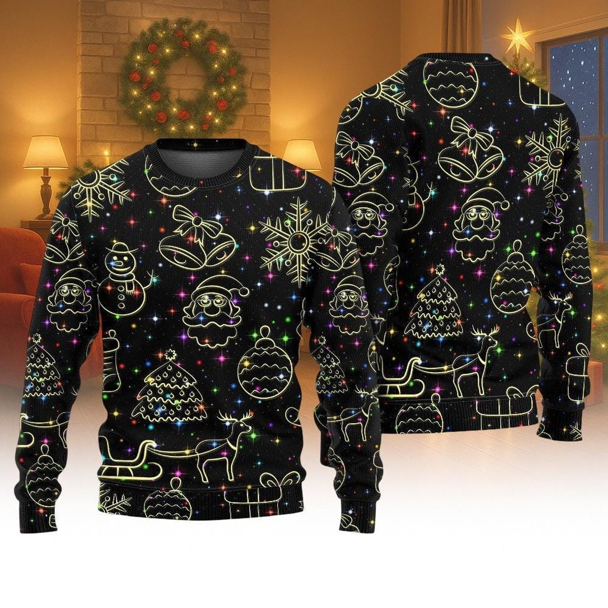 Neon Light Pattern Ugly Christmas Sweater Merry Christmas Holiday Glow Design Jumper