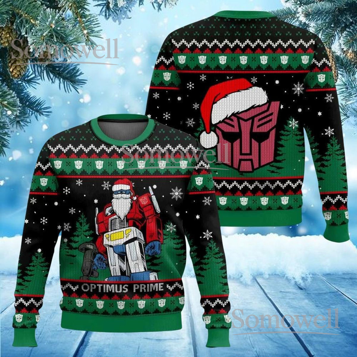 Optimus Prime Transformers Christmas Green Ugly Sweater Robot Santa Funny Holiday Knit Jumper