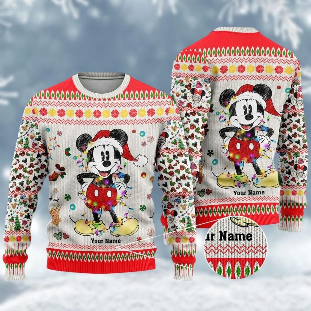 Mickey Mouse Red White Personalized Christmas Ugly Sweater Custom Name Holiday Knit Jumper
