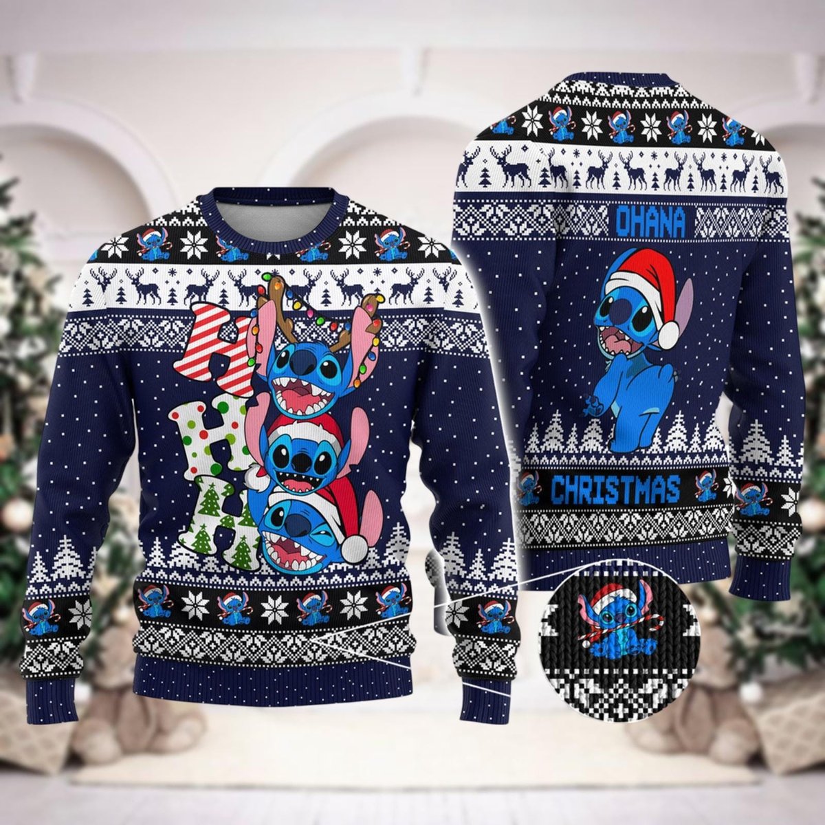 Stitch Navy Blue Christmas Ugly Sweater Ohana Holiday Funny Character Knit Jumper